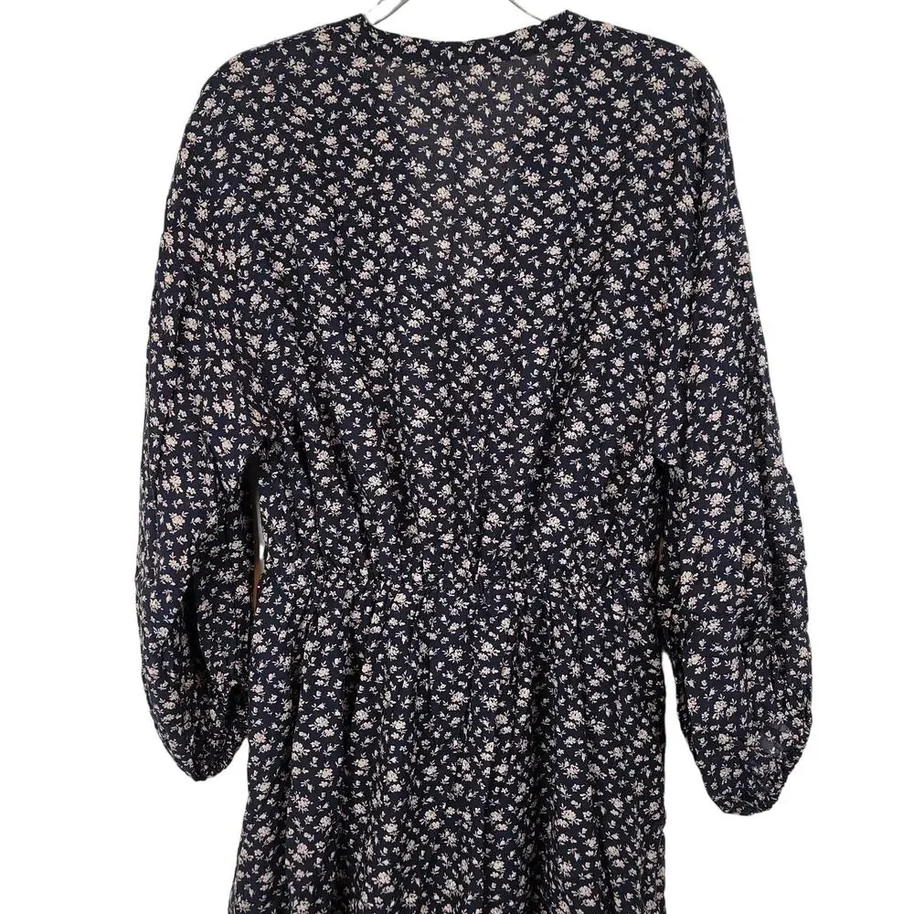 New Joie Galani Navy Floral Balloon Sleeve Cinched Waist Button Dress, Large NWT
